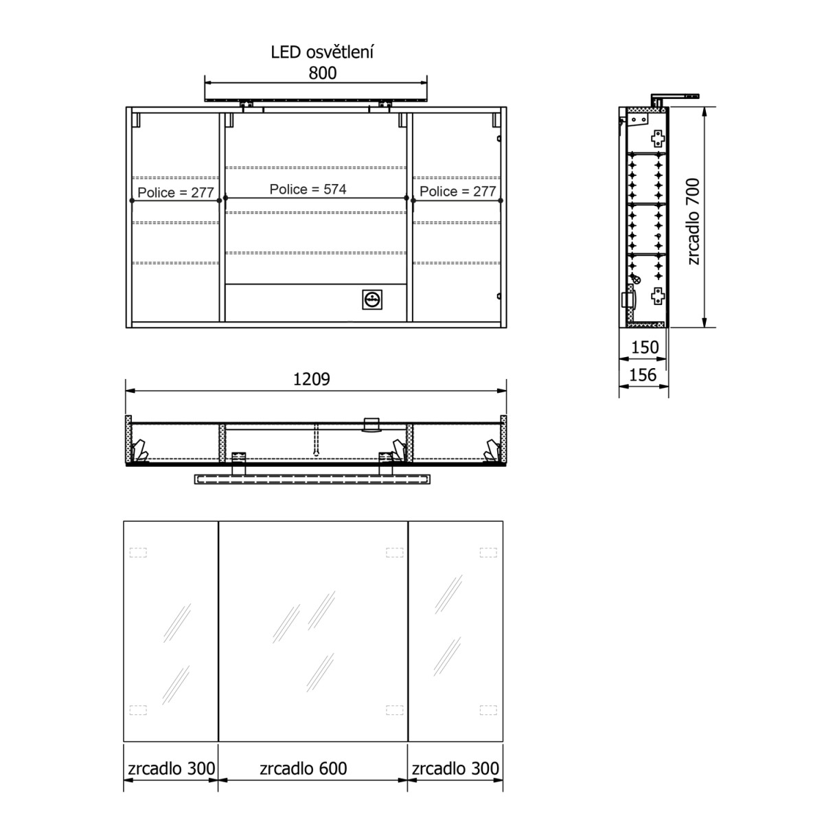 SAPHO – MIRRÓ galerka s LED osvětlením, 3x dvířka, 120x70x16cm, bílá MC121-0030