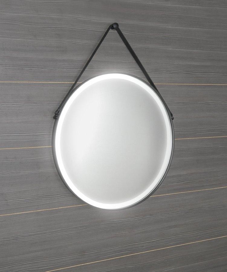 SAPHO – ORBITER kulaté zrcadlo s LED osvětlením ø 70cm, kožený pásek, černá mat ORL070