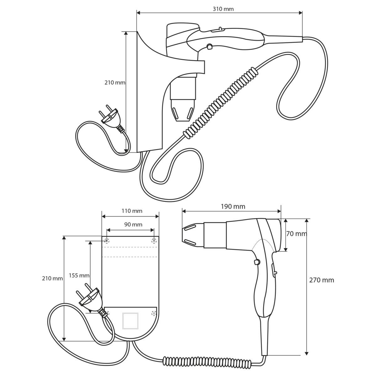 SAPHO – Fén s držákem, nástěnný 110x270x310 XP005