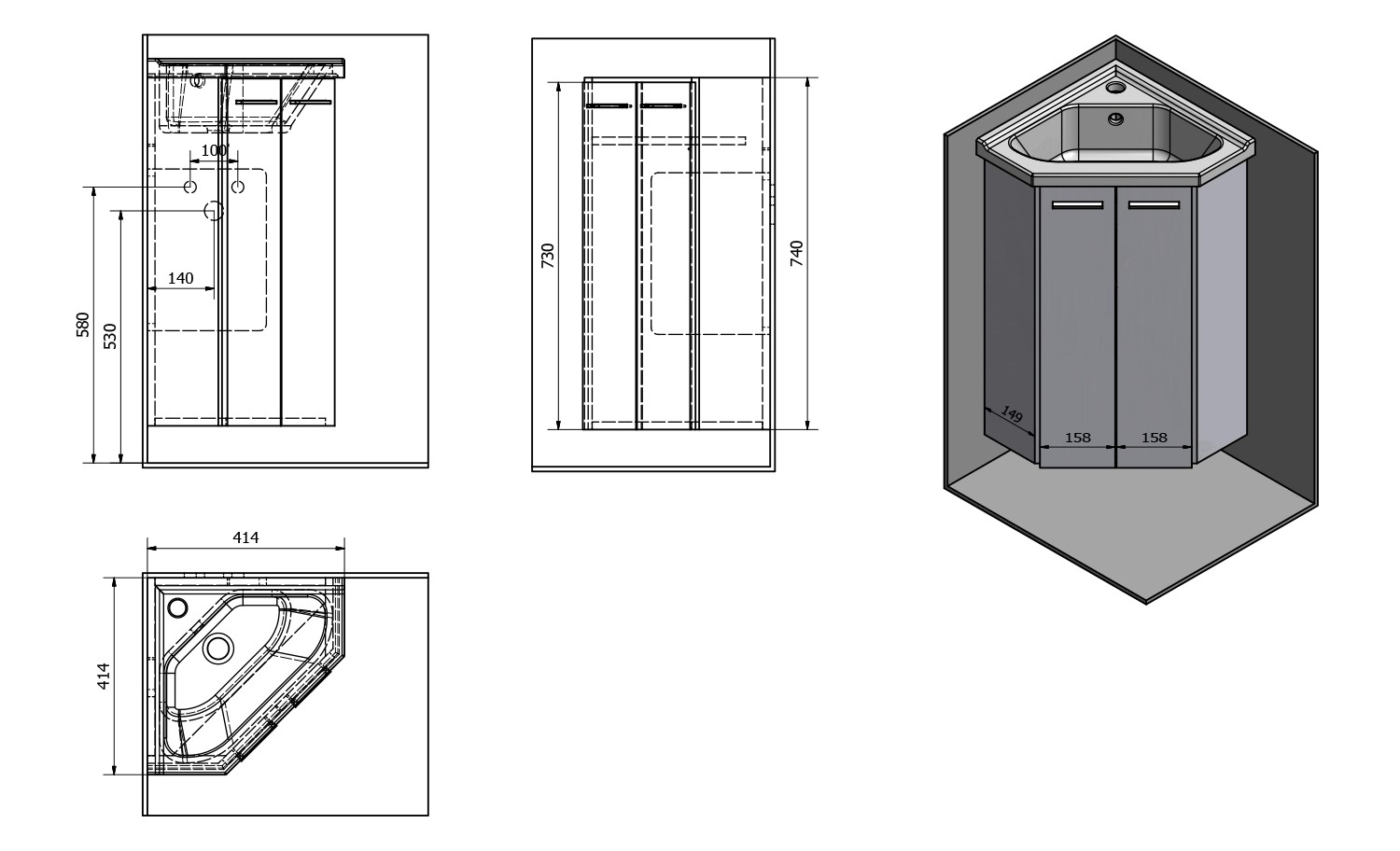 AQUALINE – ZOJA umyvadlová skříňka rohová 39x74x39 cm, dub platin 50344