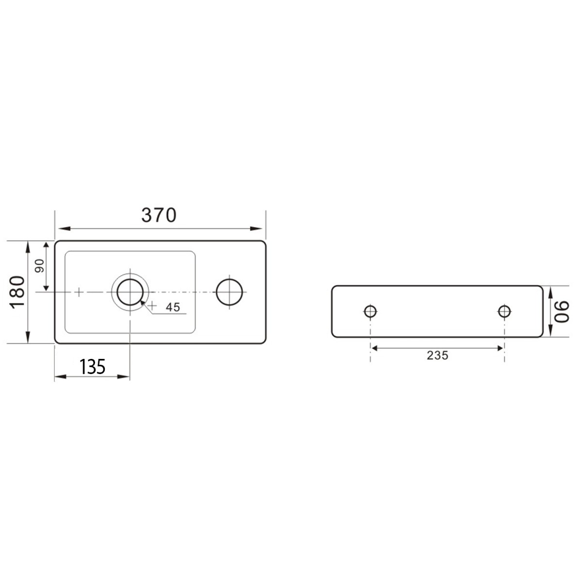 SAPHO – ZOE keramické umývátko 37x18cm, otvor pro baterii vpravo, černá mat AR495B