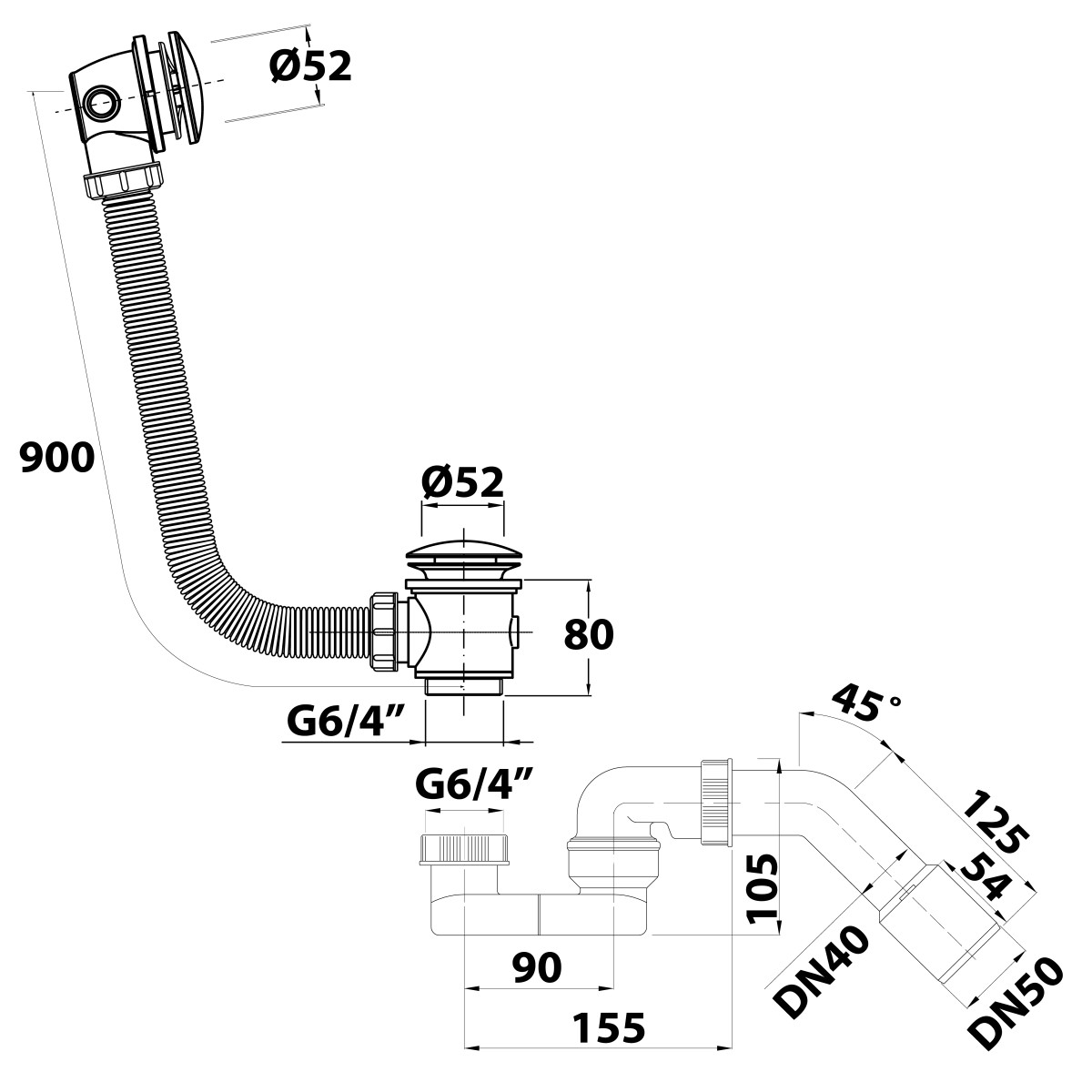 Bruckner – Vanová souprava click-clack, L-900, DN40/50, ABS/chrom 164.391.1