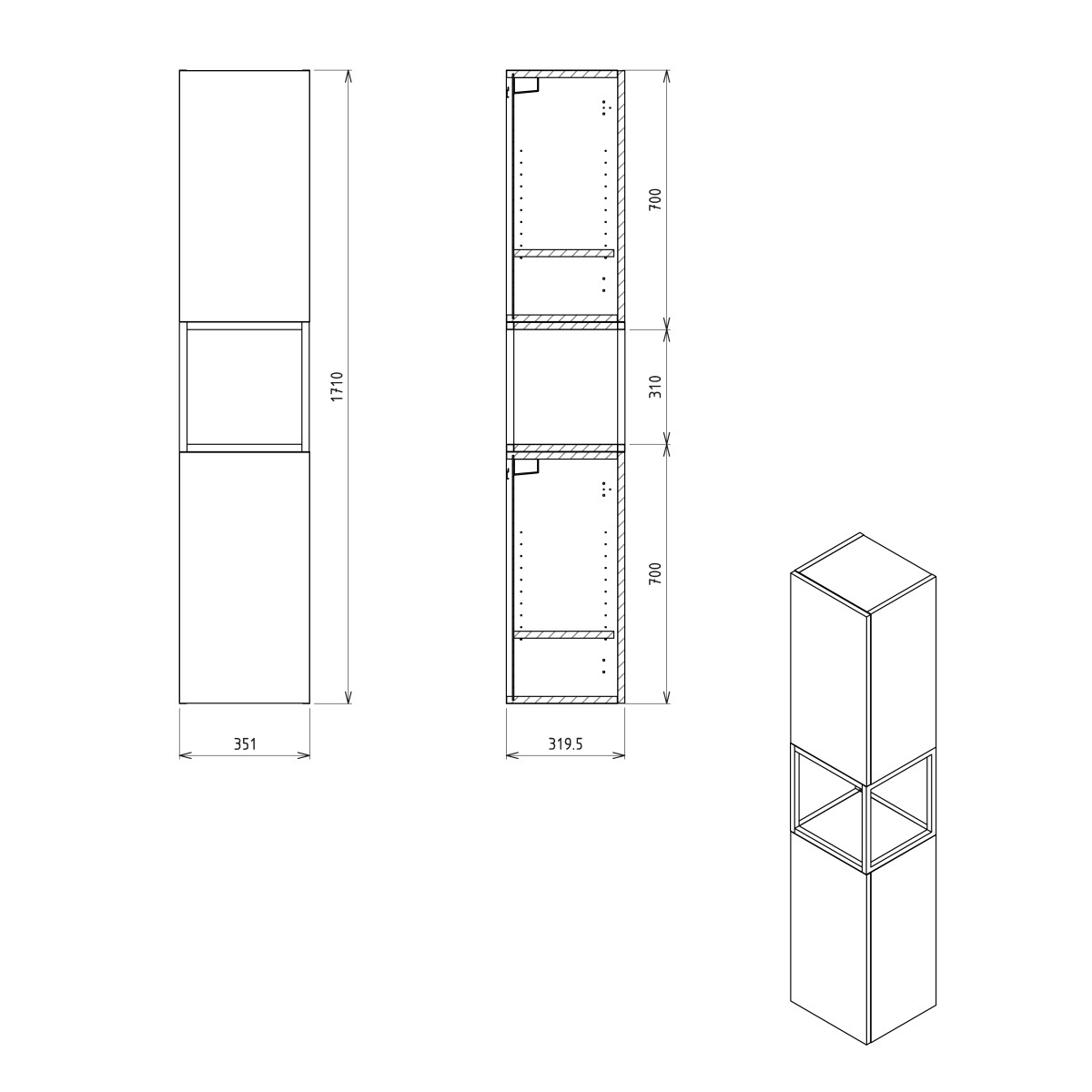SAPHO – SKARA skříňka 35x171x32cm, 2x dvířka, levá/pravá, černá mat/dub Collingwood CG010-1919