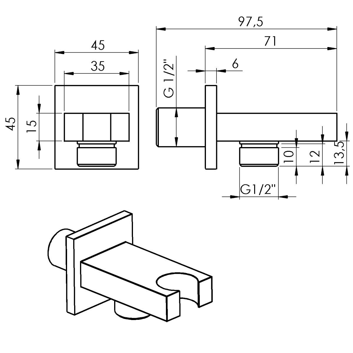 SAPHO – Držák sprchy hranatý, pevný, s vyústěním, chrom AQ591