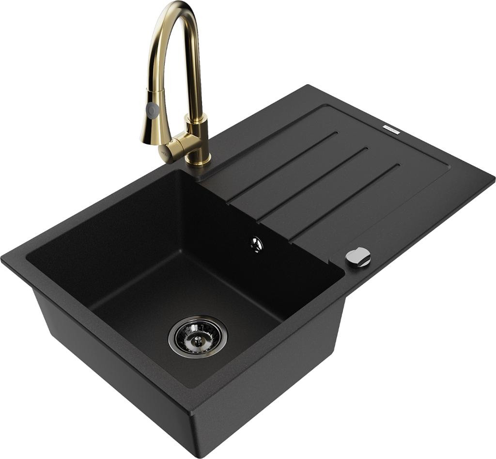 MEXEN - Bruno granitový dřez 1 s odkapávačem včetně baterie Elia, černá 6513-77-670101-50-B