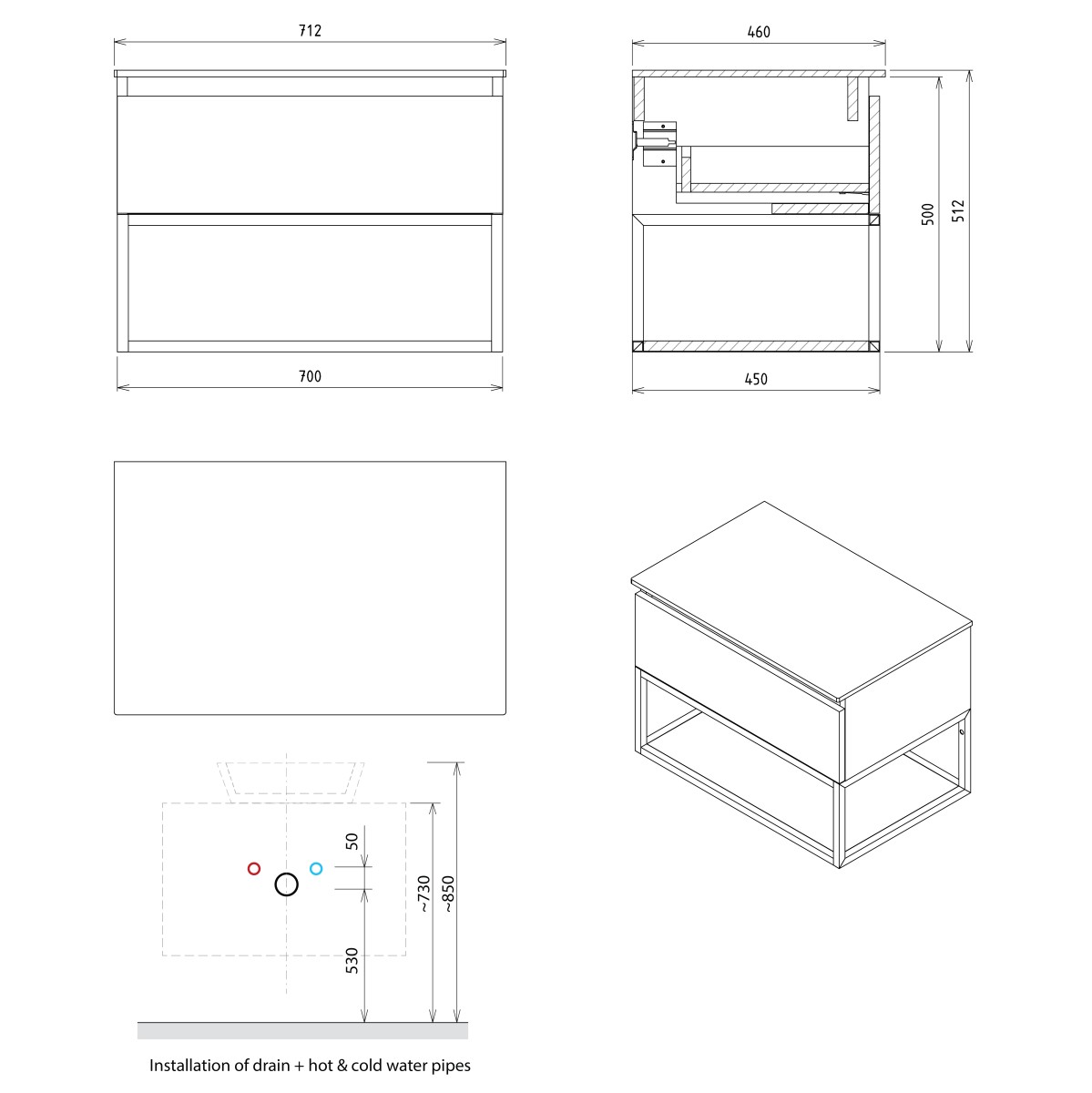 SAPHO – SKARA umyvadlová skříňka 70x50x45cm, černá mat/dub collingwood CG005-1919