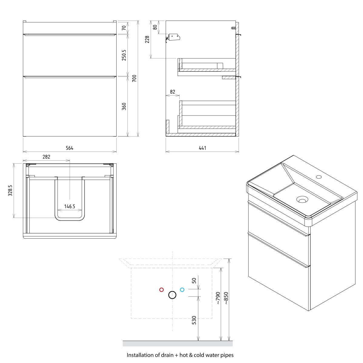 SAPHO – SITIA umyvadlová skříňka 56,4x70x44,2cm, 2xzásuvka, dub stříbrný SI060-1111