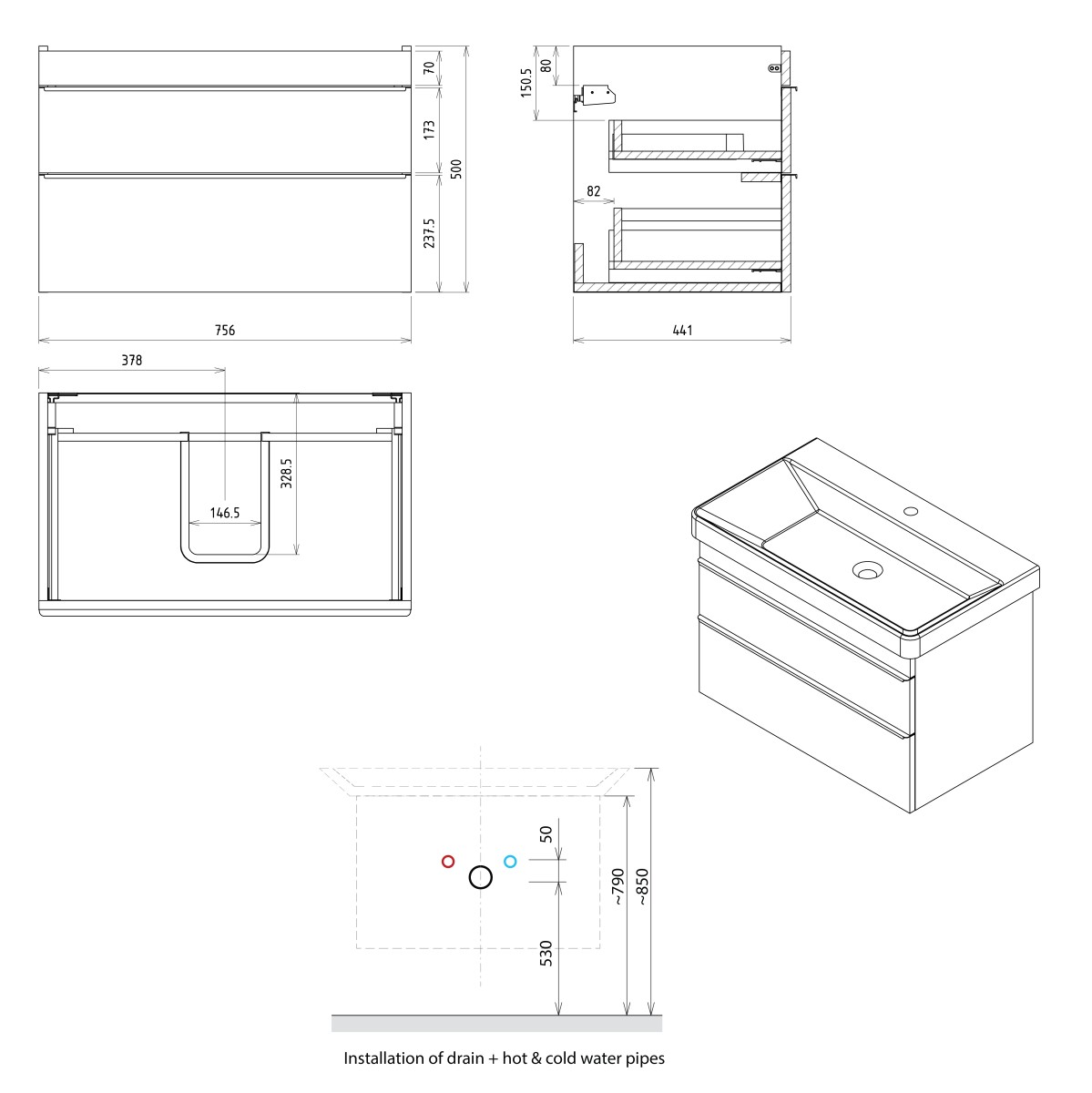 SAPHO – SITIA umyvadlová skříňka 75,6x50x44,2cm, 2xzásuvka, bílá mat SI080-3131