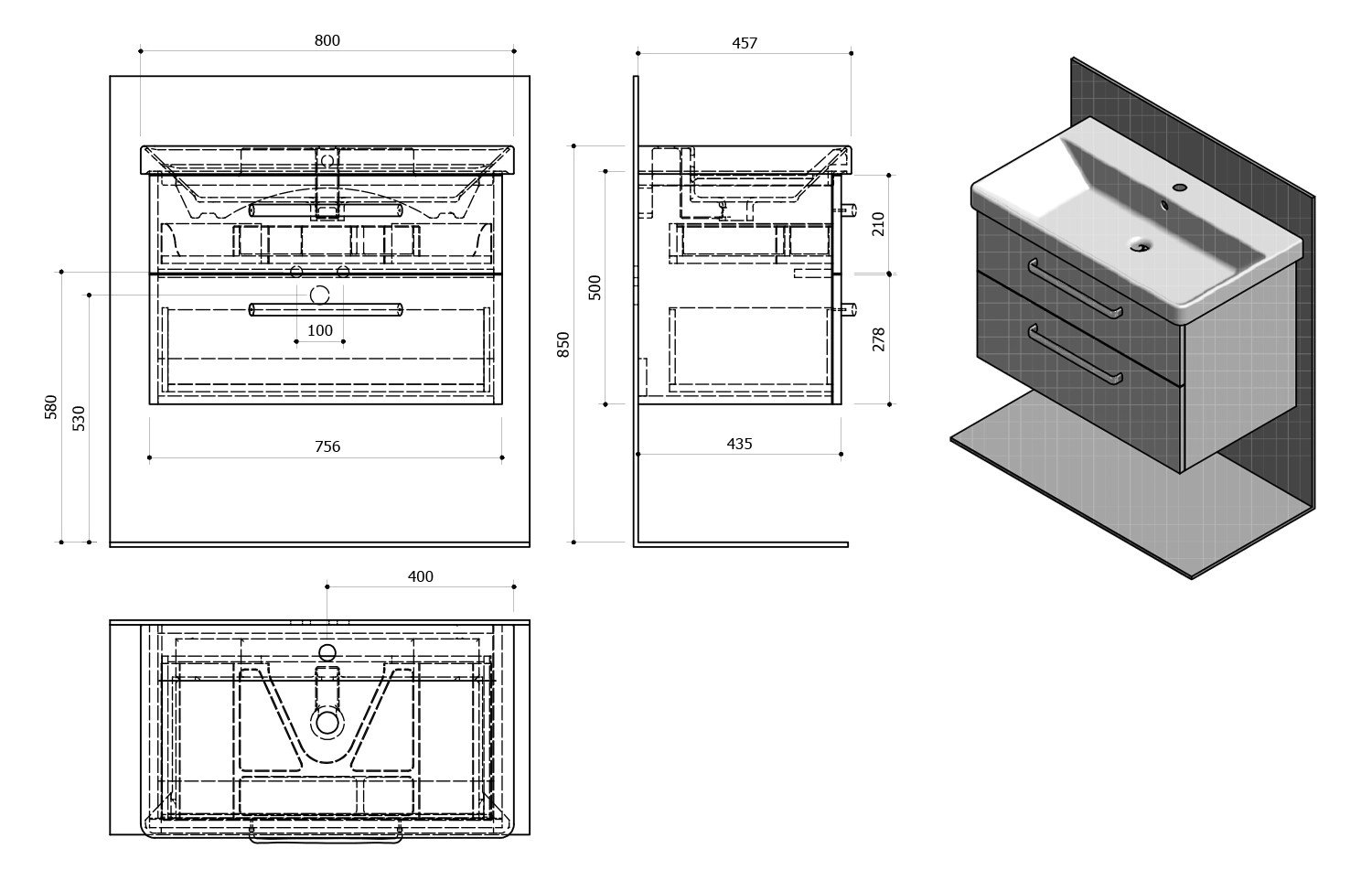 SAPHO – THEIA umyvadlová skříňka 75,6x50x44,2cm, 2xzásuvka, dub alabama TH080-2222