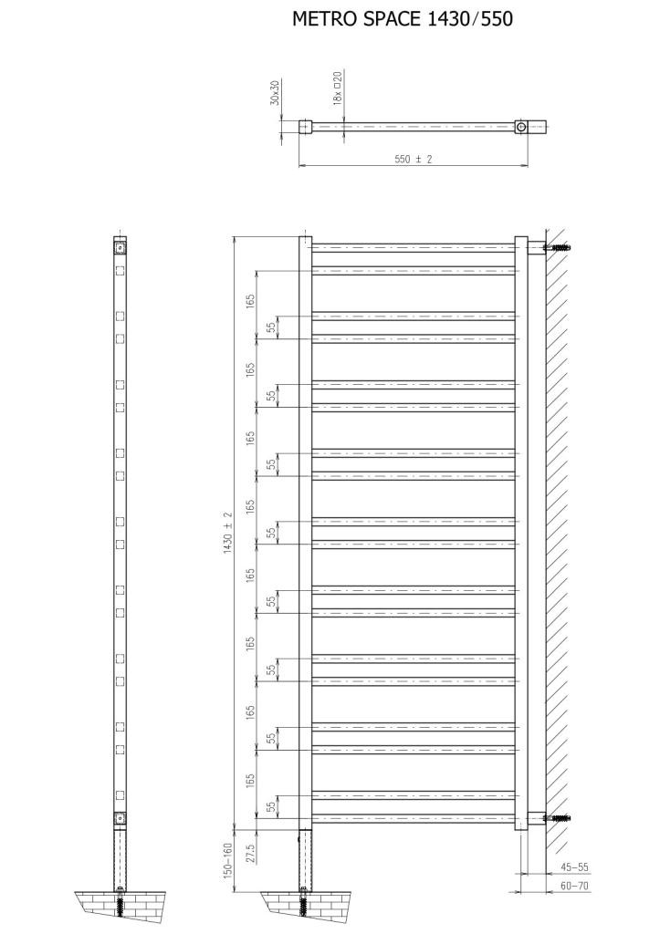 SAPHO – METRO SPACE otopné těleso 550×1430 do prostoru, černá mat IR438B