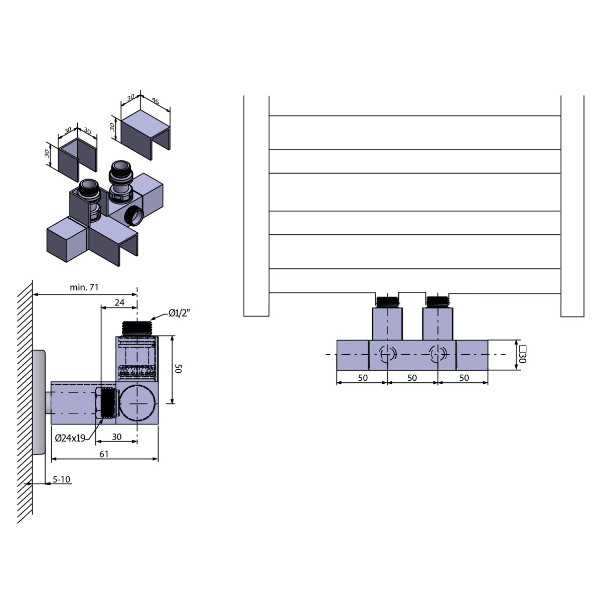 SAPHO - CUBE TWIN připojovací sada ventilů pro středové připojení, chrom CP581S (obrázek 3)