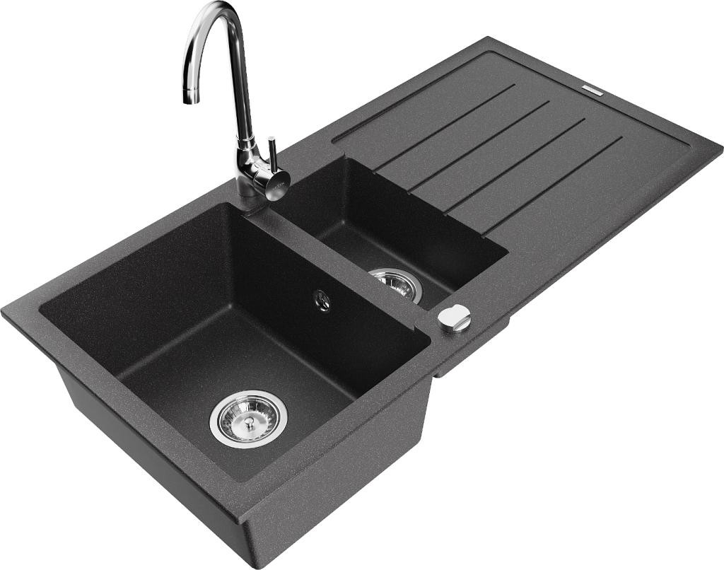 MEXEN - Andres granitový dřez s odkapávačem včetně baterie Telma, černá kropenatá 6515-76-670200-00