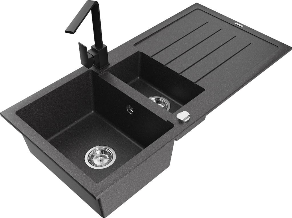 MEXEN - Andres granitový dřez s odkapávačem včetně baterie Rita, černá kropenatá 6515-76-670300-70
