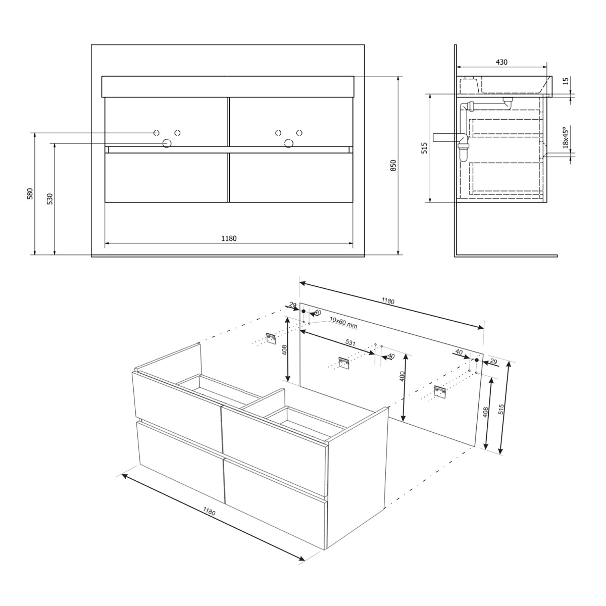 SAPHO – FILENA dvojumyvadlová skříňka 118×51,5x43cm, bílá mat FID1212W