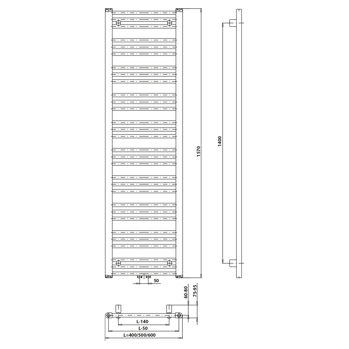 Bruckner – ALBRECHT otopné těleso 400×1570, středové připojení, chrom 600.113.1