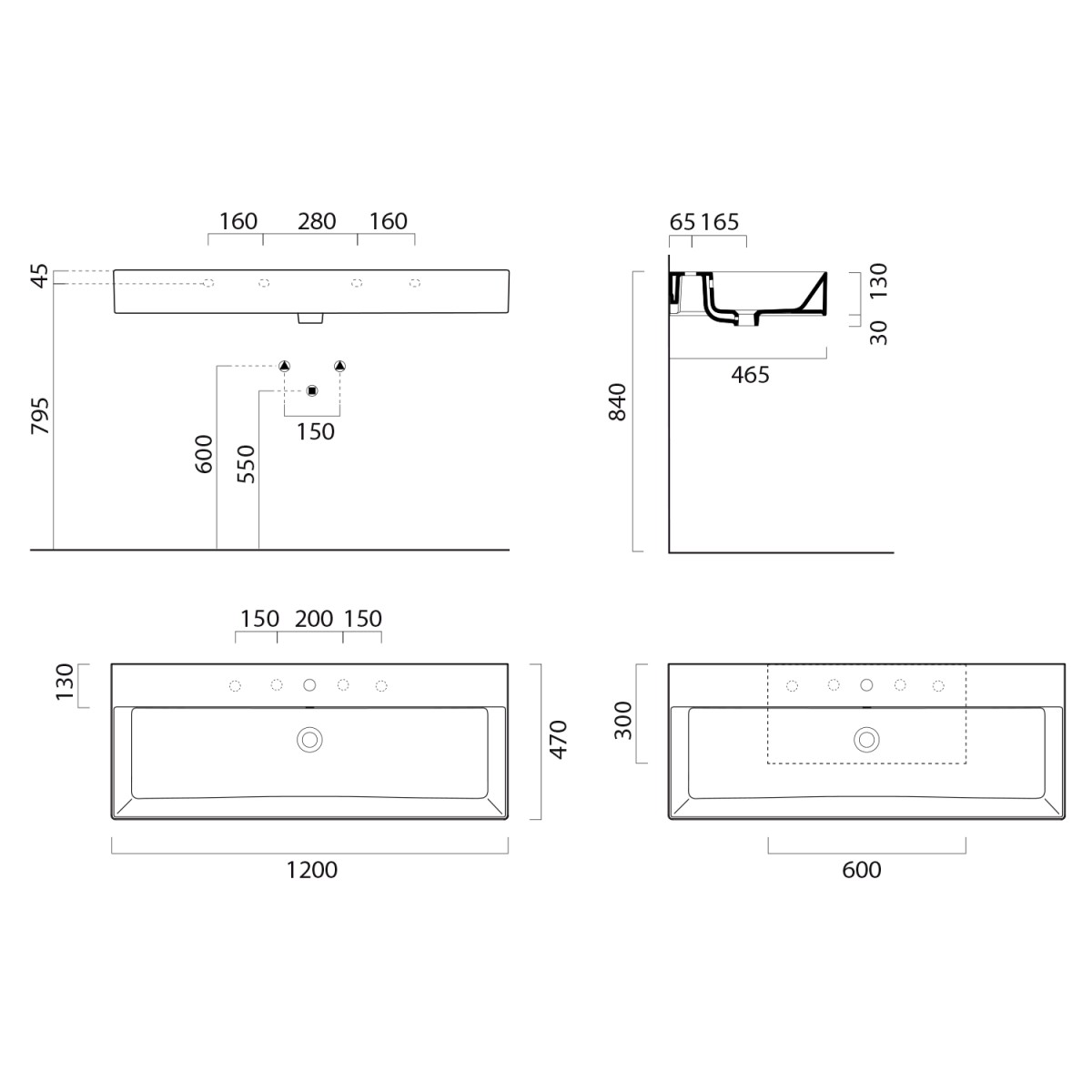 GSI – KUBE X keramické umyvadlo 120x47cm, 3 otvory, bílá Extra Glaze 9424311