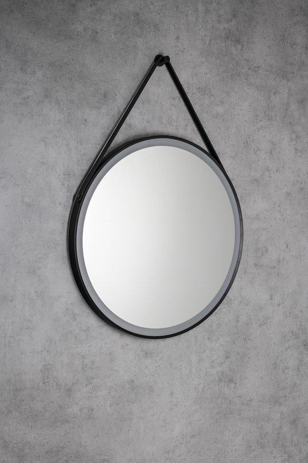 AQUALINE – STAGO kulaté zrcadlo s LED osvětlením ø 60cm, kožený pásek, dotykový senzor, stmívatelné, černá mat SG060