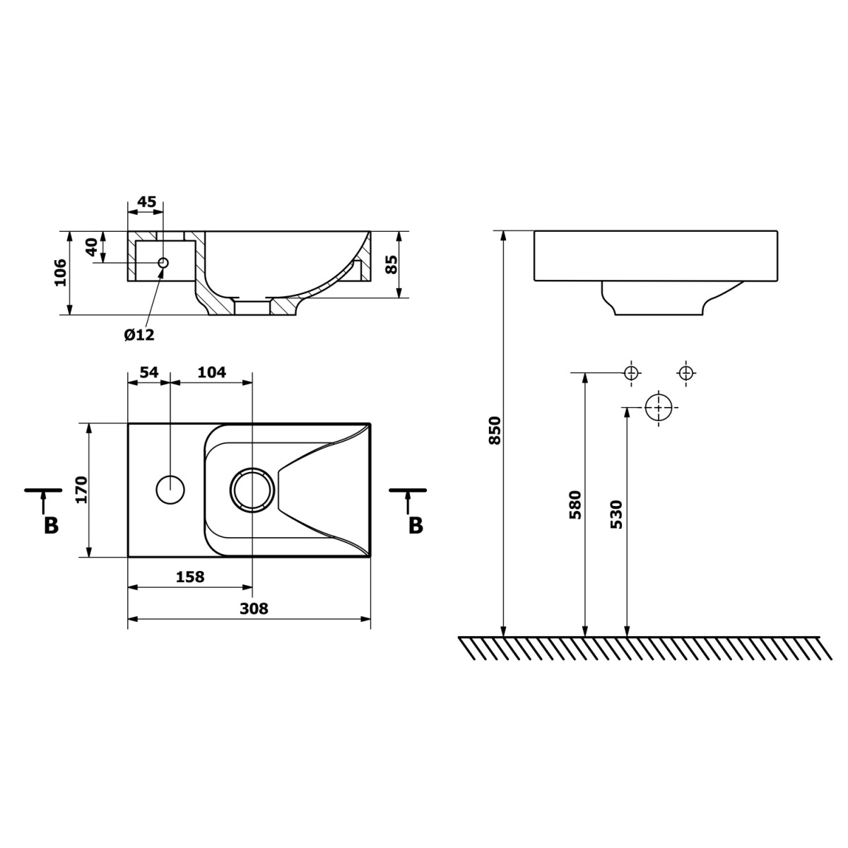 SAPHO – PICCOLINO betonové umývátko 30,8x17cm, baterie vlevo, antracit mat PK30016