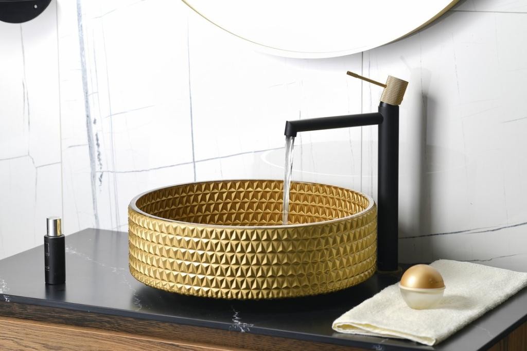 SAPHO – MARAGUA skleněné gravírované umyvadlo na desku Ø 39,5cm, zlatá TY214Z