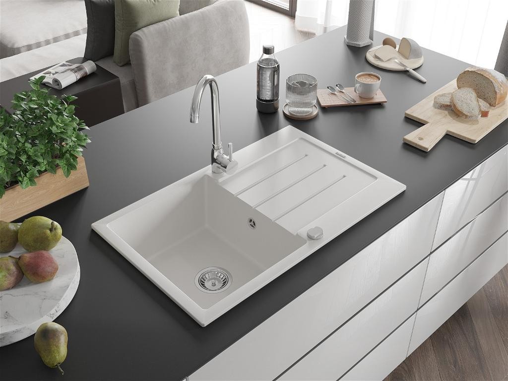 MEXEN – Bruno granitový dřez 1 s odkapávačem včetně baterie Telma, bílá 6513-20-670200-00