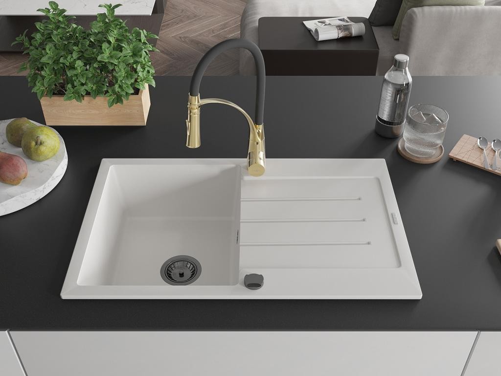 MEXEN – Bruno granitový dřez s odkapávačem včetně baterie Aster, bílá 6513-20-73450-57-B