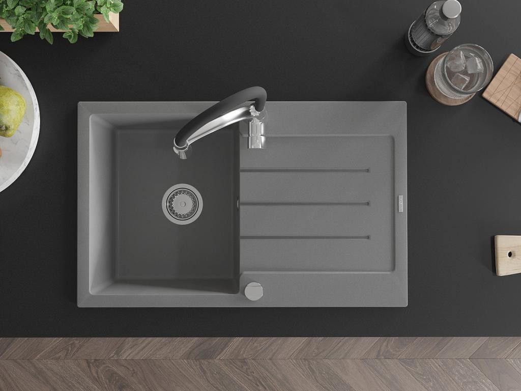 MEXEN – Bruno granitový dřez s odkapávačem včetně baterie Aster, šedá 6513-71-73450-07