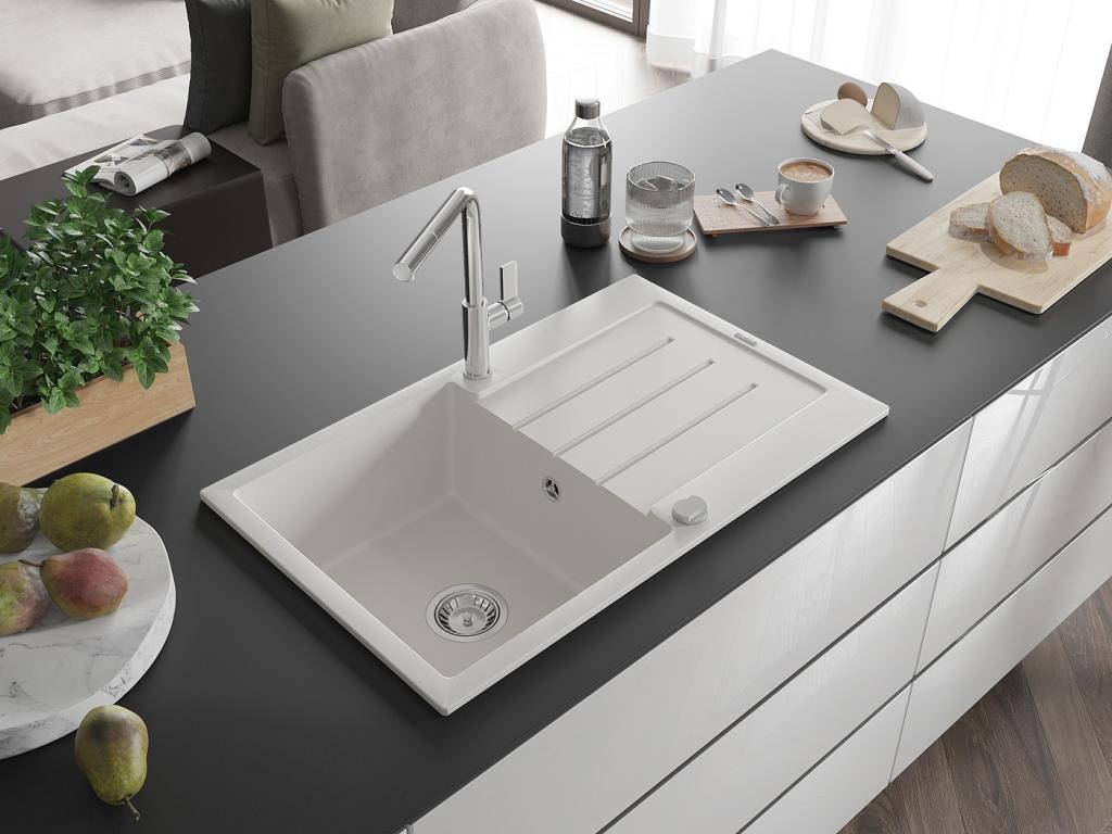 MEXEN – Bruno granitový dřez 1 s odkapávačem včetně baterie Flora, bílá 6513-20-670401-00