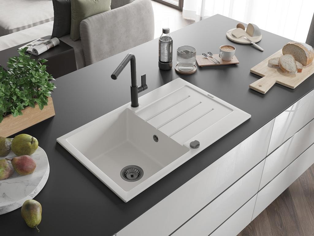 MEXEN – Bruno granitový dřez 1 s odkapávačem včetně baterie Flora, bílá 6513-20-670401-70-B