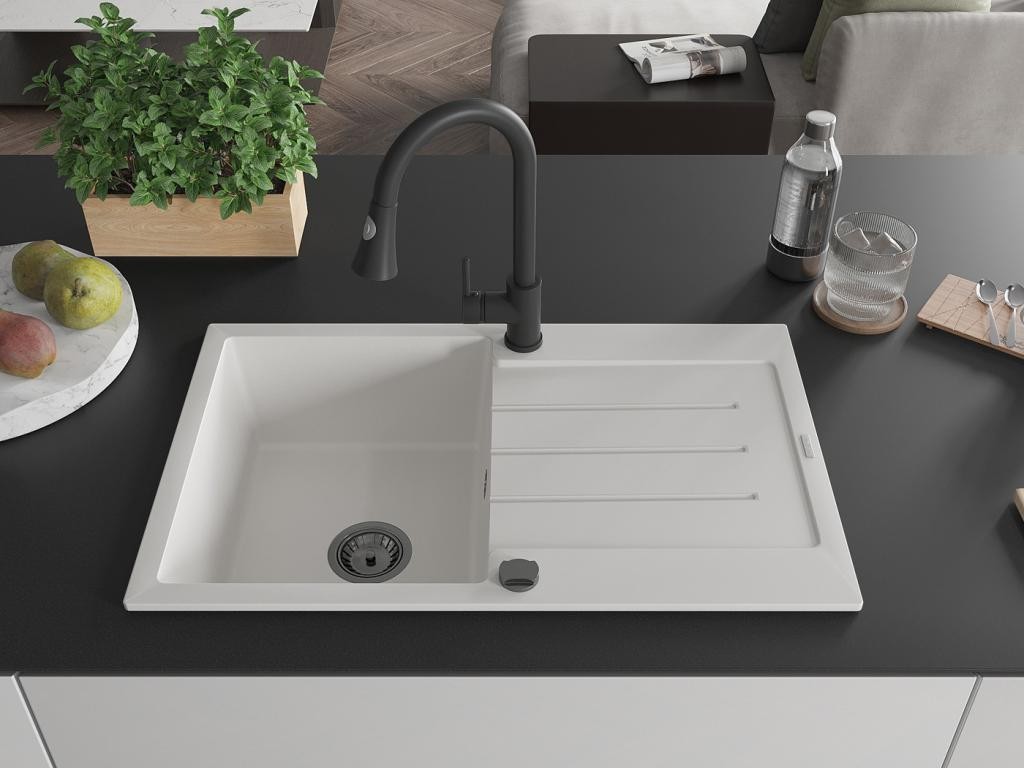 MEXEN – Bruno granitový dřez 1 s odkapávačem včetně baterie Elia, bílá 6513-20-670101-70