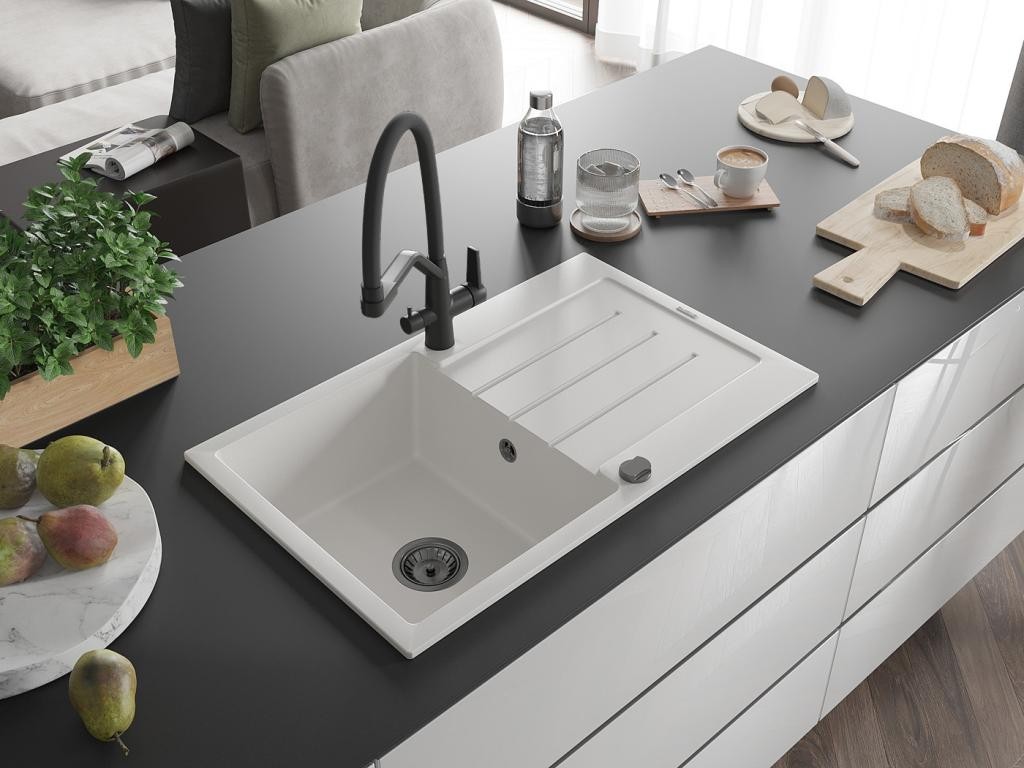 MEXEN – Bruno granitový dřez s odkapávačem včetně baterie Duo, bílá 6513-20-671701-70-B