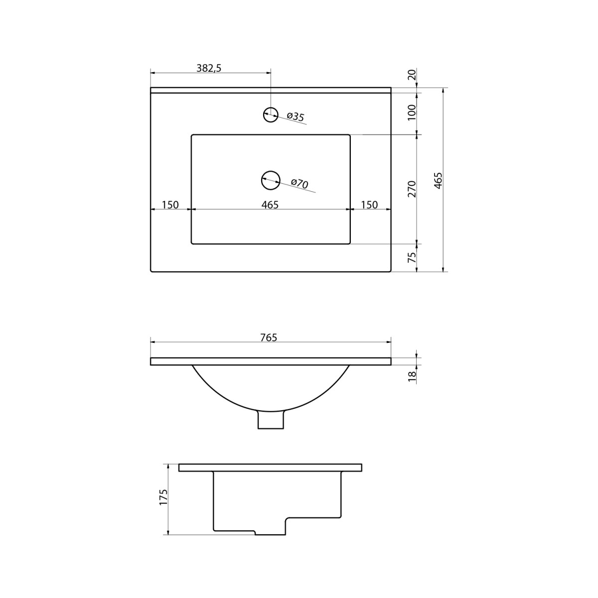 SAPHO – SLIM keramické umyvadlo, nábytkové, 76×46,5cm, bílá 1601-75