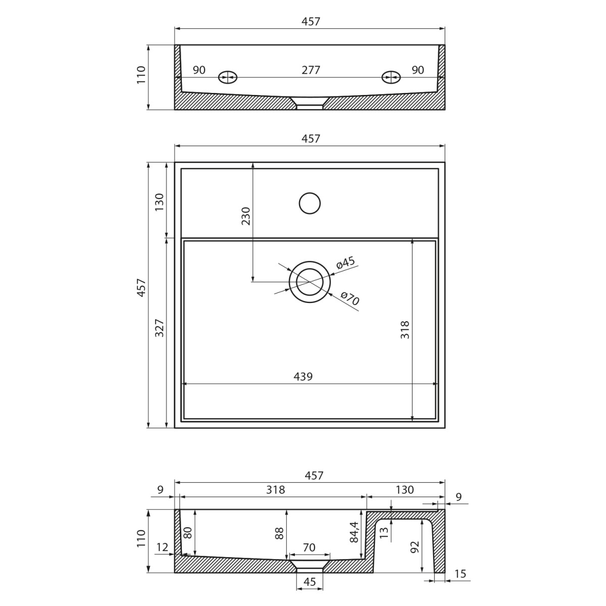 SAPHO – QUADRADO betonové umyvadlo včetně výpusti, 46x46cm, bílý pískovec AR469