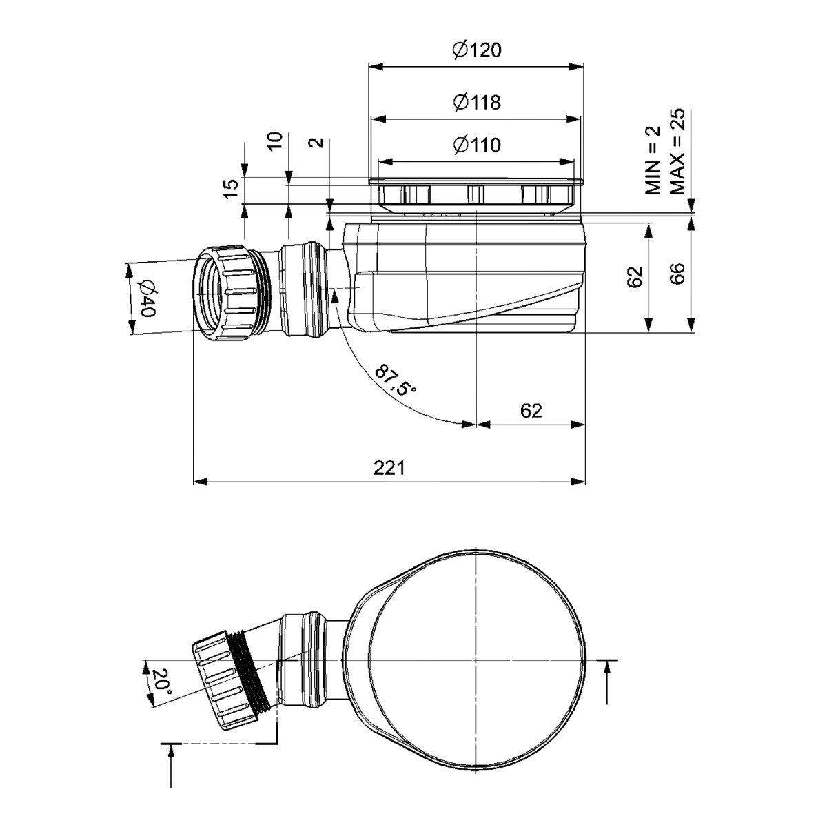 POLYSAN – Vaničkový sifon, průměr 90, DN40, nízký, krytka nerez lesk 17916