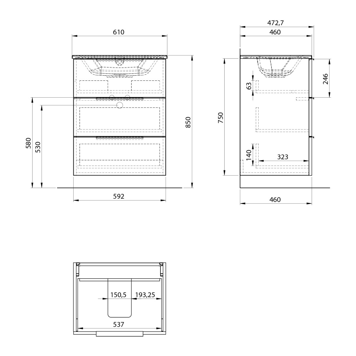 SAPHO – CIRASA umyvadlová skříňka 59,2x75x46cm, 3x zásuvka, bílá lesk CR631-3030