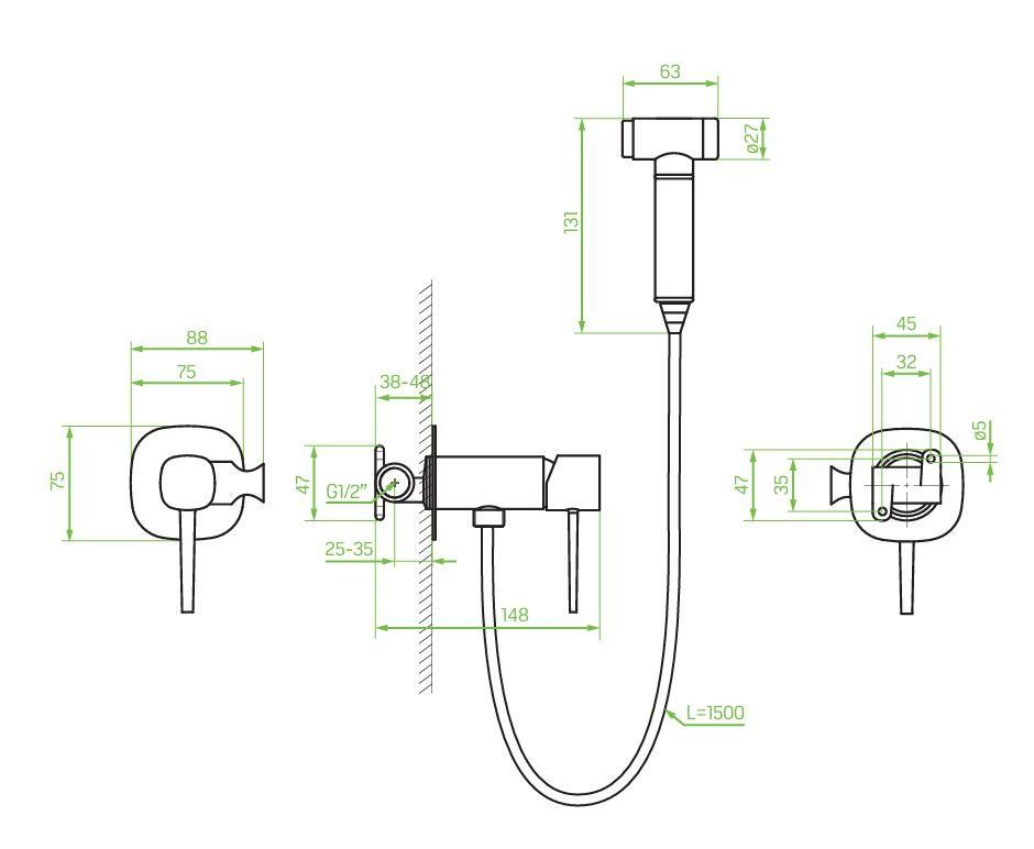 Laveo – Pola – bidetová baterie podomítková se sprchovou soupravou, černá BAP_731P