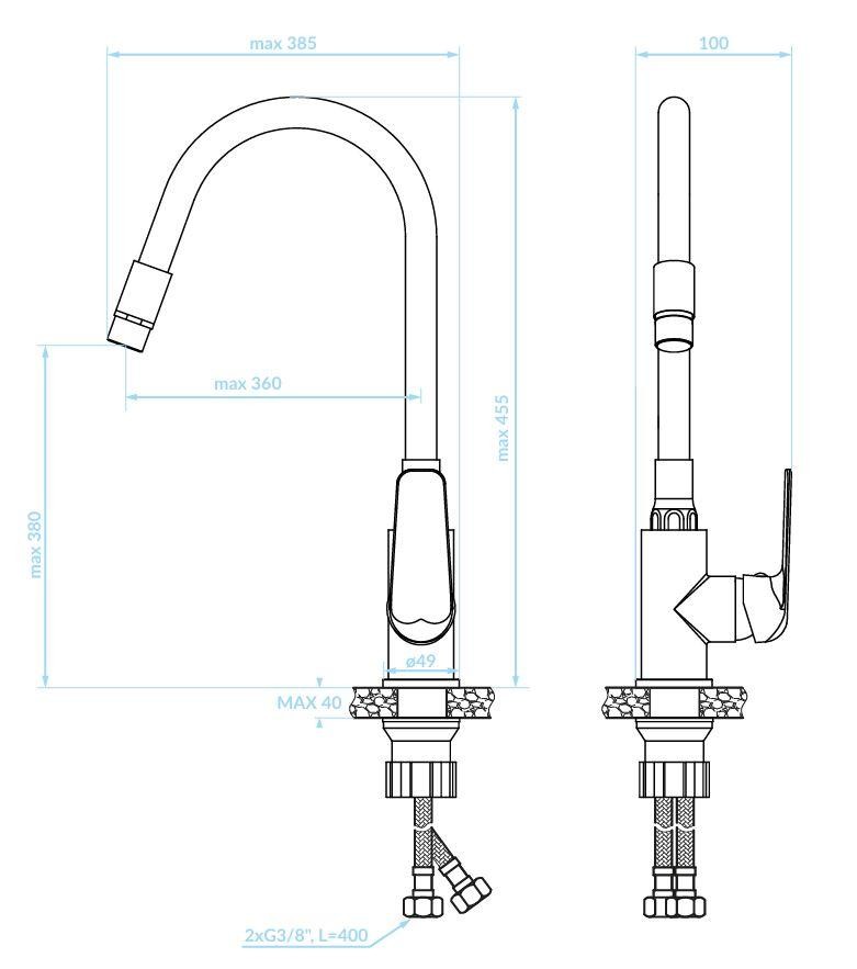 Kuchinox – ELZA dřezová baterie stojánková s elastickým ramenem a 2-funkčním výtokem BKE_762D