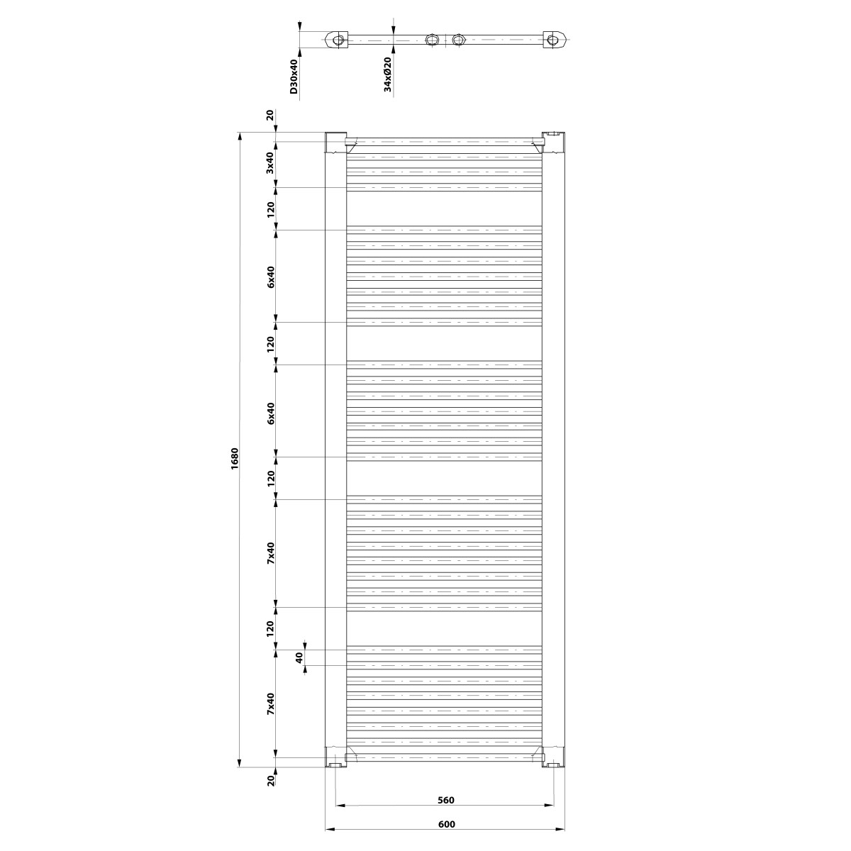 AQUALINE – DIRECT otopné těleso s bočním připojením 600×1680, černá mat ILR66B