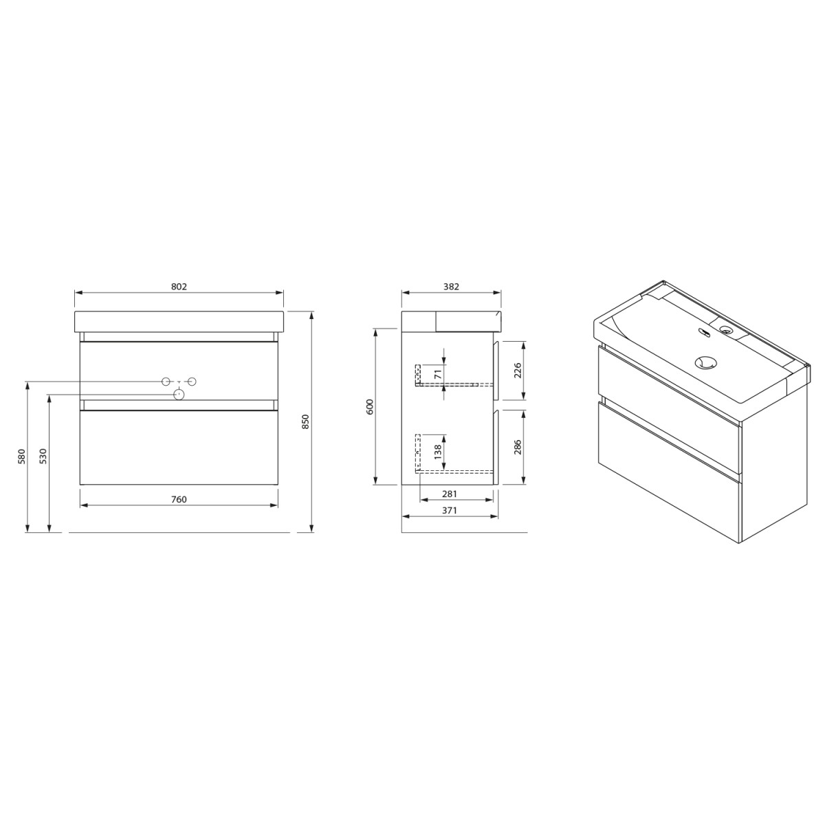 AQUALINE – ALTAIR umyvadlová skříňka 76x60x37cm, bílá AI288