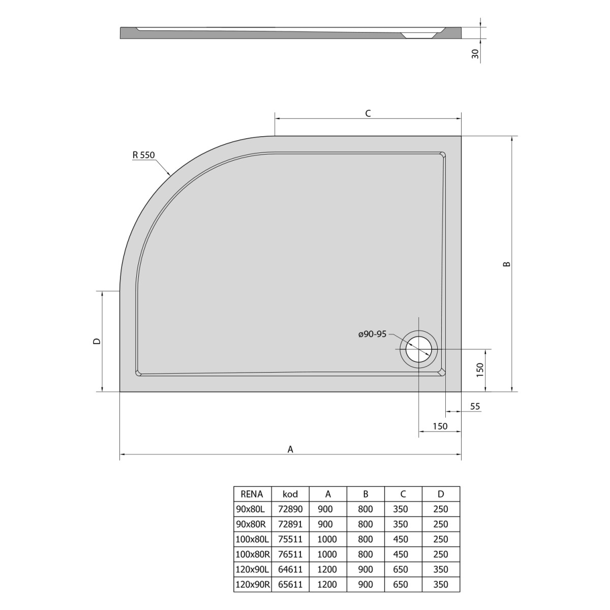 POLYSAN – RENA L sprchová vanička z litého mramoru, čtvrtkruh 100x80cm, R550, levá, bílá 75511