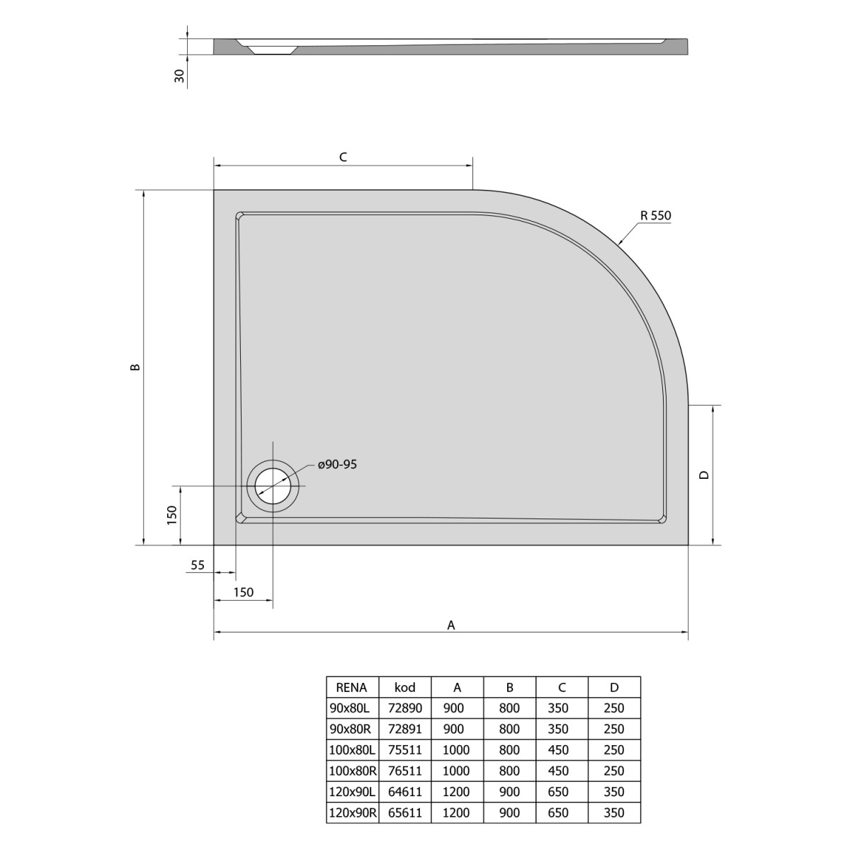 POLYSAN – RENA R sprchová vanička z litého mramoru, čtvrtkruh 120x90cm, R550, pravá, bílá 65611
